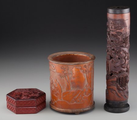 Three Chinese Wooden Objects: Box, Brushpot and: Three Chinese Wooden Objects: Box, Brushpot and Incense Burner