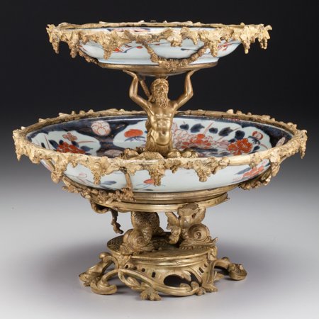 A Continental Gilt Bronze Mounted Japanese Imari: A Continental Gilt Bronze Mounted Japanese Imari Porcelain Two-Tier Tazza, circa 1890