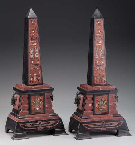 A Pair of Egyptian Revival Patinated Bronze and: A Pair of Egyptian Revival Patinated Bronze and Marble Obelisks, late 19th century17 inche