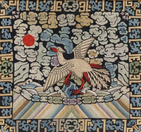 A Pair of Framed Chinese Qing Dynasty Silk First: A Pair of Framed Chinese Qing Dynasty Silk First Rank Buzi Badges with Crane Motif, mid 1