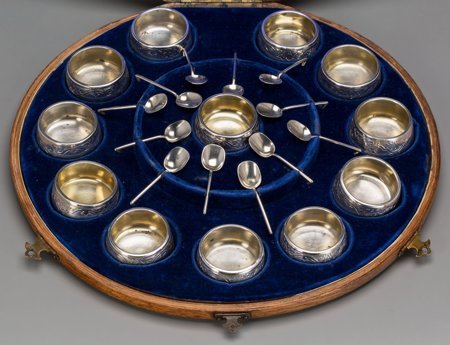 A Cased Russian Silver Salt Service for Twelve, : A Cased Russian Silver Salt Service for Twelve, circa 1882-1899 Marks: (St. Petersburg