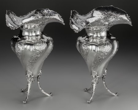 A Pair of French Silver Footed Trumpeted Vases, : A Pair of French Silver Footed Trumpeted Vases, circa 1860 Marks: (Minerva), (effaced