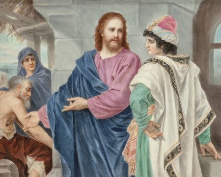 A Large KPM Painted Porcelain Plaque in Giltwood: A Large KPM Painted Porcelain Plaque in Giltwood Frame: Christ Counsels the Rich Young Rule