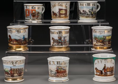Nine Painted Porcelain Occupational Shaving Mugs: Nine Painted Porcelain Occupational Shaving Mugs with Horse and Buggy Motifs: Coal, Moving