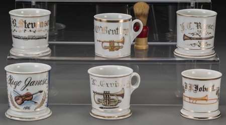 Six Painted Porcelain Shaving Mugs with Instrume: Six Painted Porcelain Shaving Mugs with Instrument Motif: Trumpet, Oboe, Flute, Violin, Tro