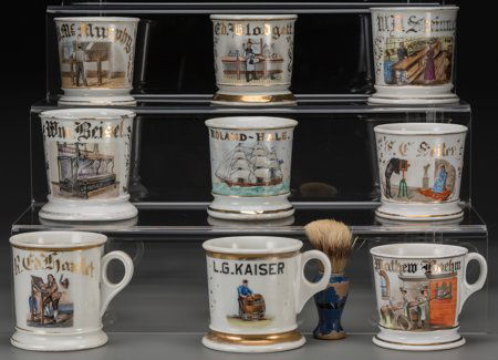 Nine Porcelain Occupational Shaving Mugs: Ship,: Nine Porcelain Occupational Shaving Mugs: Ship, Cooper, Printer, Grocer, Baker, Weaver, Pho