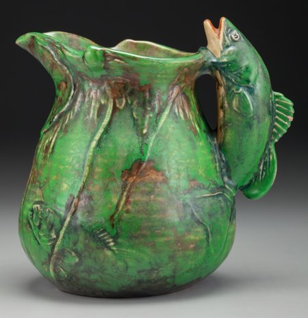 A Weller Coppertone Ceramic Pitcher with Fish-Fo: A Weller Coppertone Ceramic Pitcher with Fish-Form Handle, Zanesville, Ohio, circa 1925