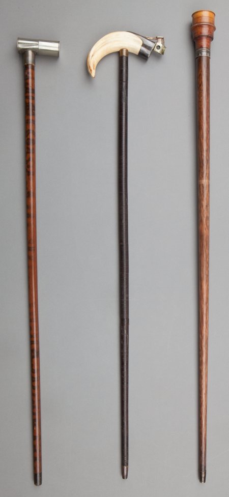 Three Figural Silver, Silver-Plate and Wood Cane: Three Figural Silver, Silver-Plate and Wood Canes: Boar Tusk with Cigar Cutter, Spi