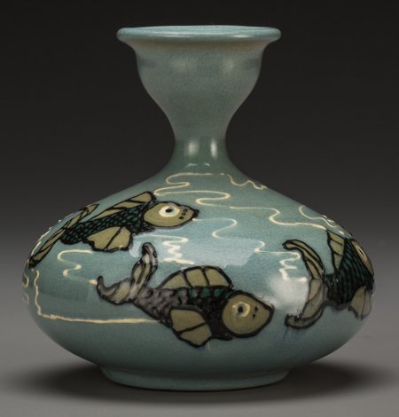 A Weller Jap Birdimal Ceramic Squat Cabinet Vase: A Weller Jap Birdimal Ceramic Squat Cabinet Vase with Fish