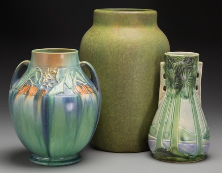 A Group of Three Roseville Art Deco Ceramic Vase: A Group of Three Roseville Art Deco Ceramic Vases, Roseville, Ohio, circa 1925 13-1/2