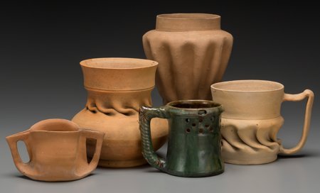 Five George Ohr Bisque Ceramic Vessels Including: Five George Ohr Bisque Ceramic Vessels Including Glazed Puzzle Mug,