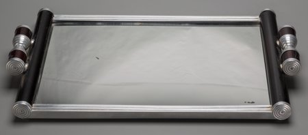 An English Art Deco Chromed Metal and Ebonized W: An English Art Deco Chromed Metal and Ebonized Wood Mirrored Tray, circa 1930 19 inche