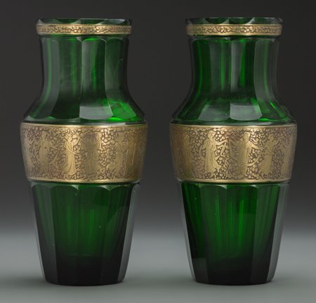 A Pair of Moser-Style Green Glass and Brass Vase: A Pair of Moser-Style Green Glass and Brass Vases, circa 1915 11-3/8 inches high (28.9