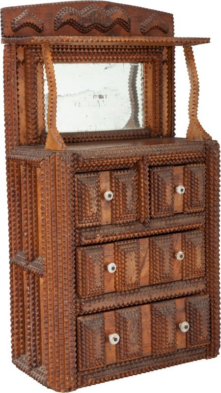 A Diminutive Tramp Art Chest of Drawers, early 2: A Diminutive Tramp Art Chest of Drawers, early 20th century 30-1/4 h x 17-1/4 w x 8-1/2 inc