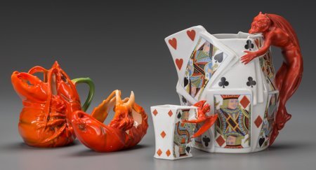 A Group of Four Royal Bayreuth Cold Painted Porc: A Group of Four Royal Bayreuth Cold Painted Porcelain Devil and Playing Cards 