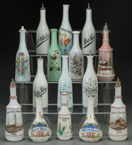 Fifteen Painted Milk Glass Shaving Bottles: Bay : Fifteen Painted Milk Glass Shaving Bottles: Bay Rum, Toilet Water, Witch Hazel<