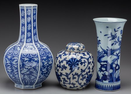 Three Pieces of Chinese Blue and White Ceramic 1: Three Pieces of Chinese Blue and White Ceramic 17-1/2 inches high (44.5 cm) (tallest) Th