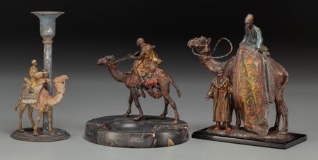 A Franz Bergmann Cold Painted Bronze Arabesque A: A Franz Bergmann Cold Painted Bronze Arabesque Ashtray with Two Associated Spelter Figures, ci