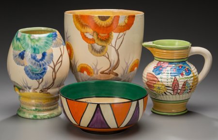 Four Clarice Cliff Bizarre Ceramics: Bowl, Vases: Four Clarice Cliff Bizarre Ceramics: Bowl, Vases, Pitcher</