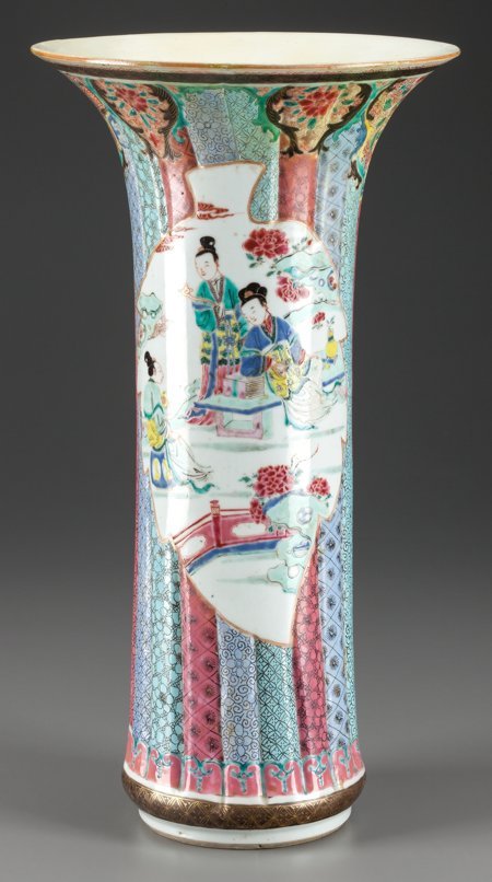 A Chinese Famille Rose Porcelain Ribbed Beaker-F: A Chinese Famille Rose Porcelain Ribbed Beaker-Form Vase 16 inches high (40.6 cm) P