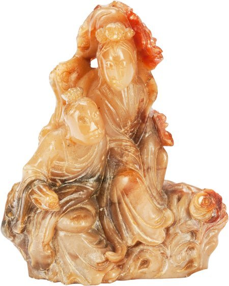 A Chinese Carved Soapstone Group: Guanyin and At: A Chinese Carved Soapstone Group: Guanyin and Attendant<