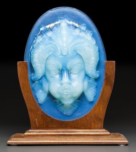 A Sabino Opalescent Glass Masque Plaque with Oak: A Sabino Opalescent Glass Masque Plaque with Oak Stand,&nbs