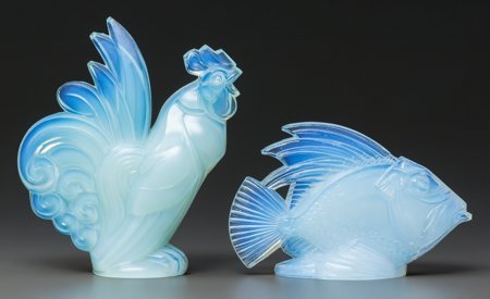 Two Sabino Opalescent Glass Figures: Poisson & C: Two Sabino Opalescent Glass Figures: Poisson & 
