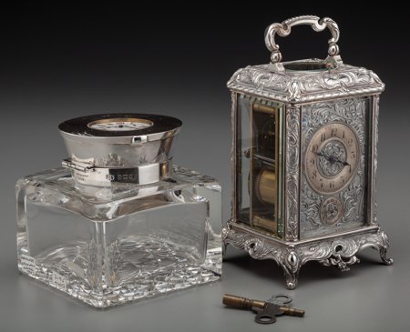 A Mappin and Webb Silver and Crystal Clock-Form : A Mappin and Webb Silver and Crystal Clock-Form Inkwell and Francois-Arsene Margain French Silver-Plat