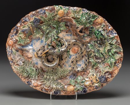 A French Palissy Ware Platter with Coiled Snake : A French Palissy Ware Platter with Coiled Snake and Frog, circa 1900 12 inches high x 15-1/