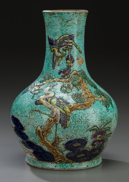 A Japanese Meiji Period Earthenware Pottery Vase: A Japanese Meiji Period Earthenware Pottery Vase with Crane and Pine Motif, circa 1868-191210-5/8