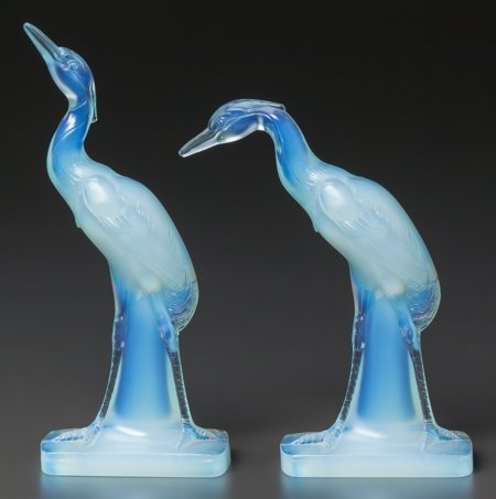 A Pair of Sabino Opalescent Glass Herons, Paris,: A Pair of Sabino Opalescent Glass Herons, Paris, Fr