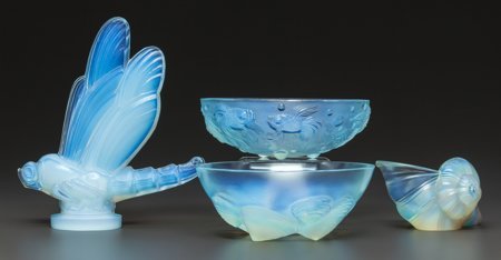 A Group of Four Sabino Opalescent Glass Table It: A Group of Four Sabino Opalescent Glass Table Items, Paris, France, post 1935 Marks: <