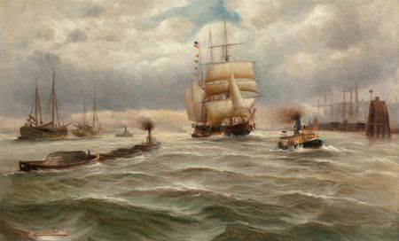 Alfred Jensen (German/Belgian, 1859-1935) French: Alfred Jensen (German/Belgian, 1859-1935)French Harbor, 1918Oil on canvas