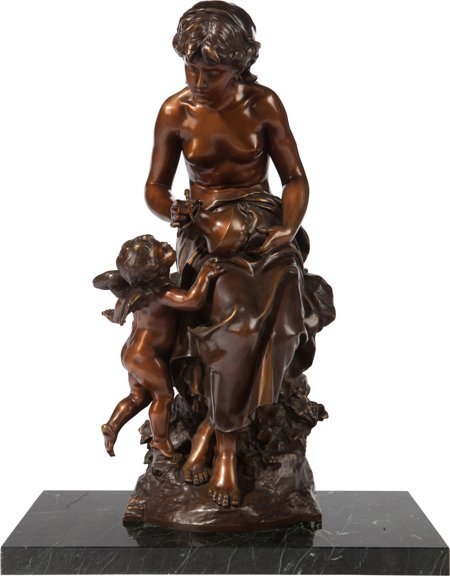 After Mathurin Moreau (French, 20th Century) Wom: After Mathurin Moreau (French, 20th Century) Woman and Putto Bronze with brow