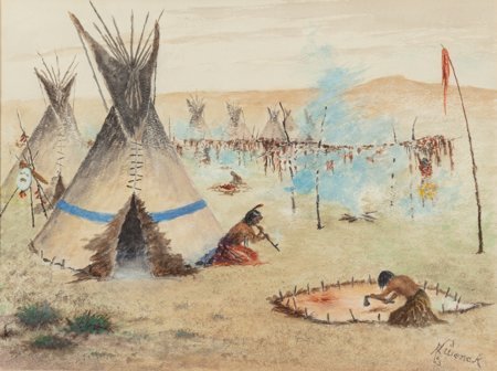 Harold Edgar "H. E." Wenck (American, Early 20th: Harold Edgar "H. E." Wenck (American, Early 20th Century) Indian Camp: Flaying Buffalo H