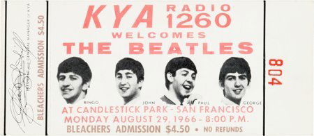 Beatles San Francisco Candlestick Park Unused Co: Beatles San Francisco Candlestick Park Unused Concert Ticket (1966). "KYA Radio 1260 Welc