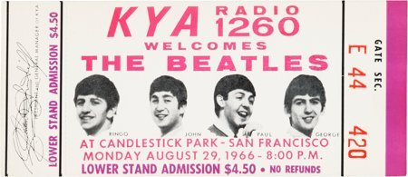 Beatles San Francisco Candlestick Park Unused Co: Beatles San Francisco Candlestick Park Unused Concert Ticket (1966). "KYA Radio 1260 Welc