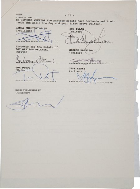 Traveling Wilburys Publishing Agreement for "Han: Traveling Wilburys Publishing Agreement for "Handle With Care" Signed by George Harrison, Bob Dylan, T