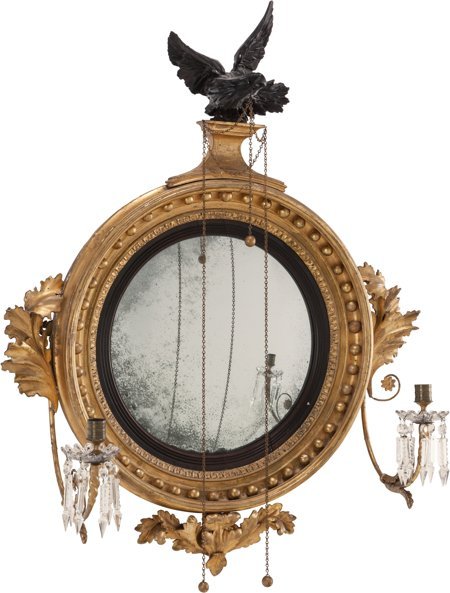 An American Federal-Style Carved Giltwood Two-Li: An American Federal-Style Carved Giltwood Two-Light Convex Mirror, mid 19th century 37 inches high