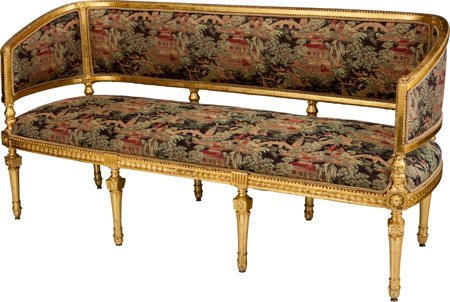 A Louis XVI-Style Giltwood Canape with Chinoiser: A Louis XVI-Style Giltwood Canape with Chinoiserie Motif Upholstery, 19th century 37 h x 72