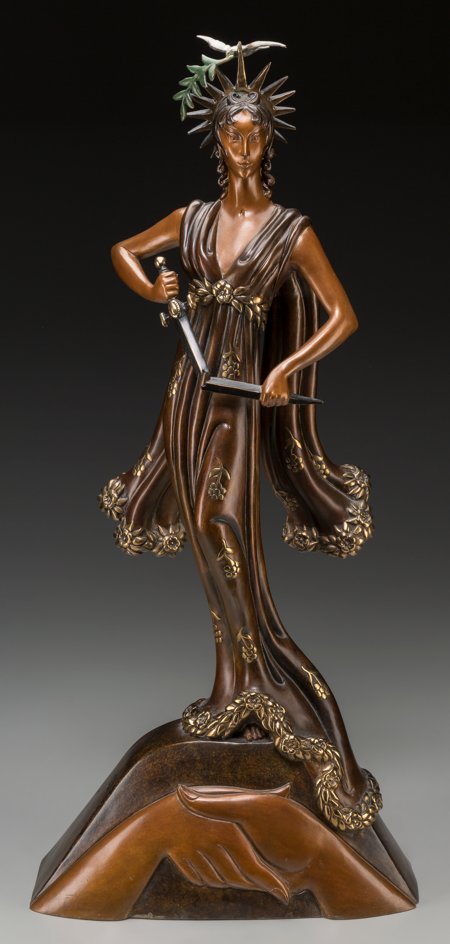 An Erté Cold Painted Bronze Sculpture: Peace, ci: An Erté Cold Painted Bronze Sculpture: Peace, circa