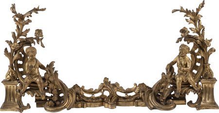 A Three-Piece Louis XVI-Style Gilt Bronze Figura: A Three-Piece Louis XVI-Style Gilt Bronze Figural Chenet and Fender Set, 19th century 22 inche