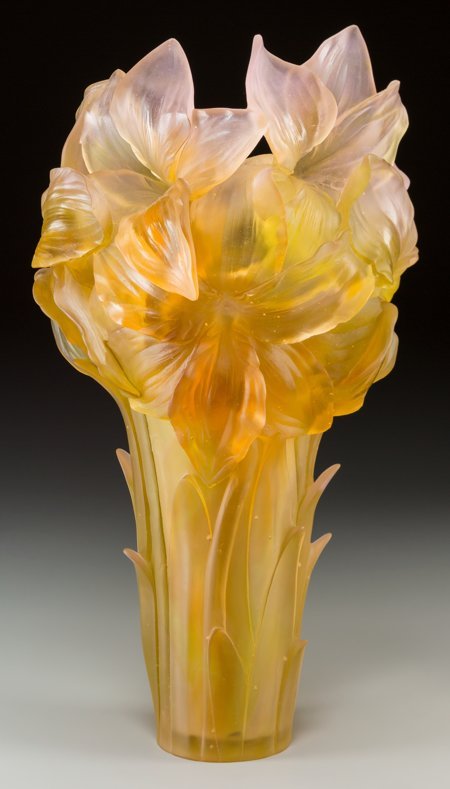 A Large Daum Pink and Yellow Pate-de-Verre Glass: A Large Daum Pink and Yellow Pate-de-Verre Glass Amaryllis 