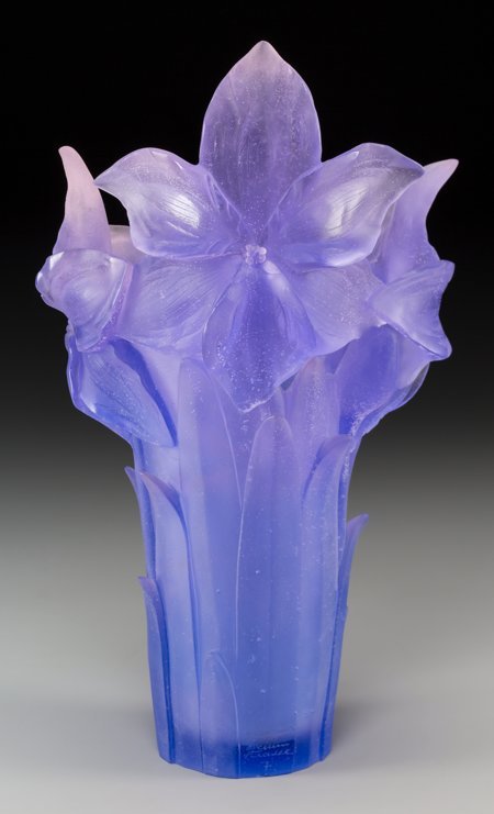 A Daum Amethyst Pate-de-Verre Glass Amaryllis Va: A Daum Amethyst Pate-de-Verre Glass Amaryllis Vase,