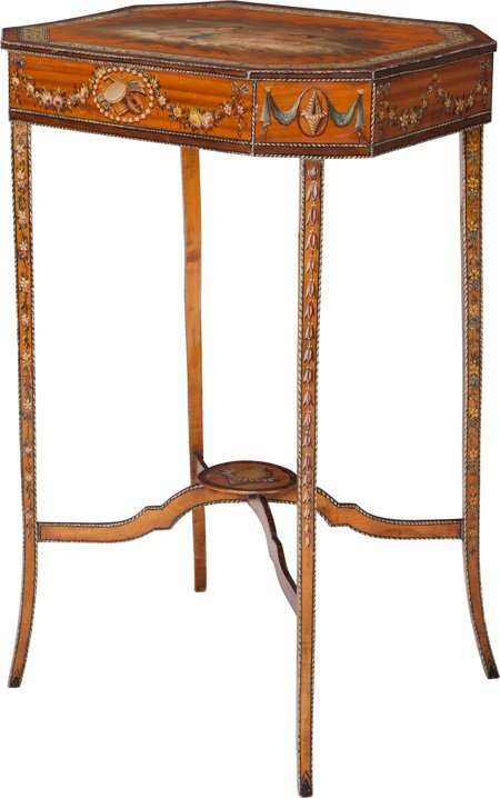 A Sheraton-Style Painted Satinwood and Mahogany-: A Sheraton-Style Painted Satinwood and Mahogany-Inlaid Worktable, London, England, circa 1880<