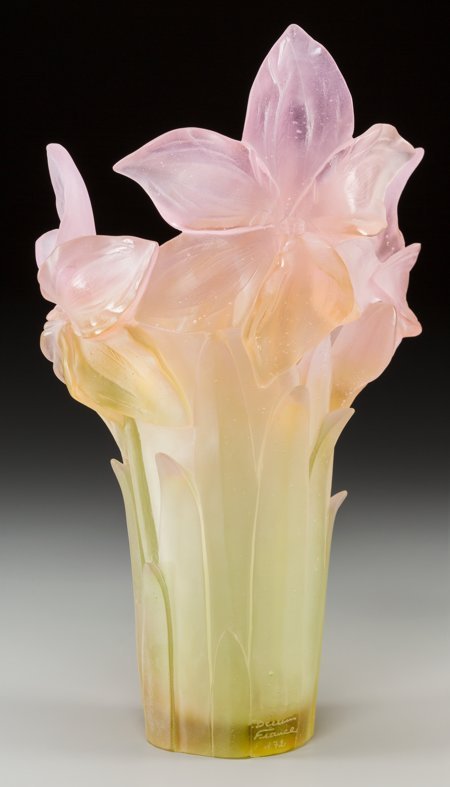 A Daum Pink and Yellow Pate-de-Verre Glass Amary: A Daum Pink and Yellow Pate-de-Verre Glass Amaryllis Vase</