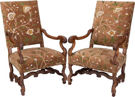 A Pair of Louis XIII-Style Upholstered Walnut Ar: A Pair of Louis XIII-Style Upholstered Walnut Armchairs, 19th century 45-1/4 h x 27 w