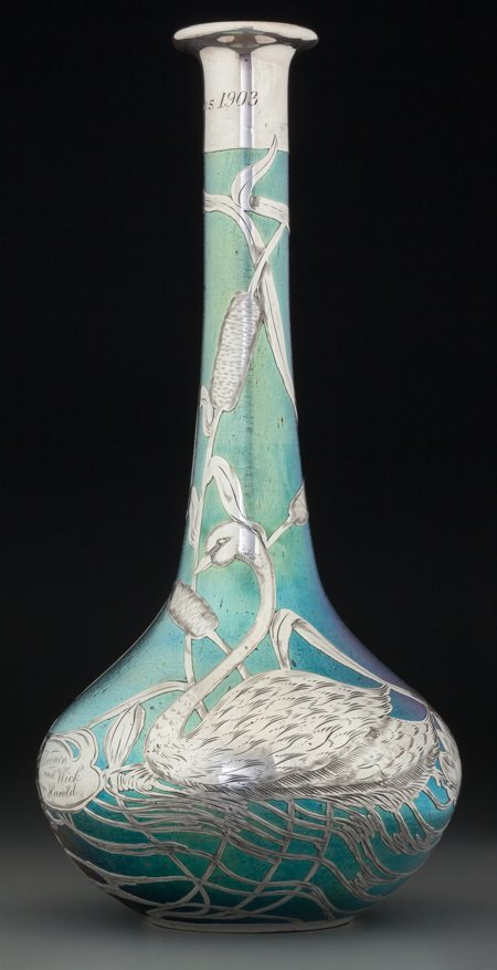 A Loetz Iridescent Glass Vase with La Pierre Sil: A Loetz Iridescent Glass Vase with La Pierre Silver Overlay, circa 1900Marks: L, S
