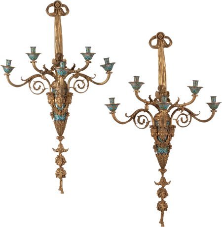 A Large Pair of French Gilt Bronze and Champlevé: A Large Pair of French Gilt Bronze and Champlevé Five-Light Wall Sconces, 20th century42 h