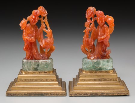 A Pair of Chinese Carved Carnelian and Quartz Bo: A Pair of Chinese Carved Carnelian and Quartz Bookends: Guanyin<
